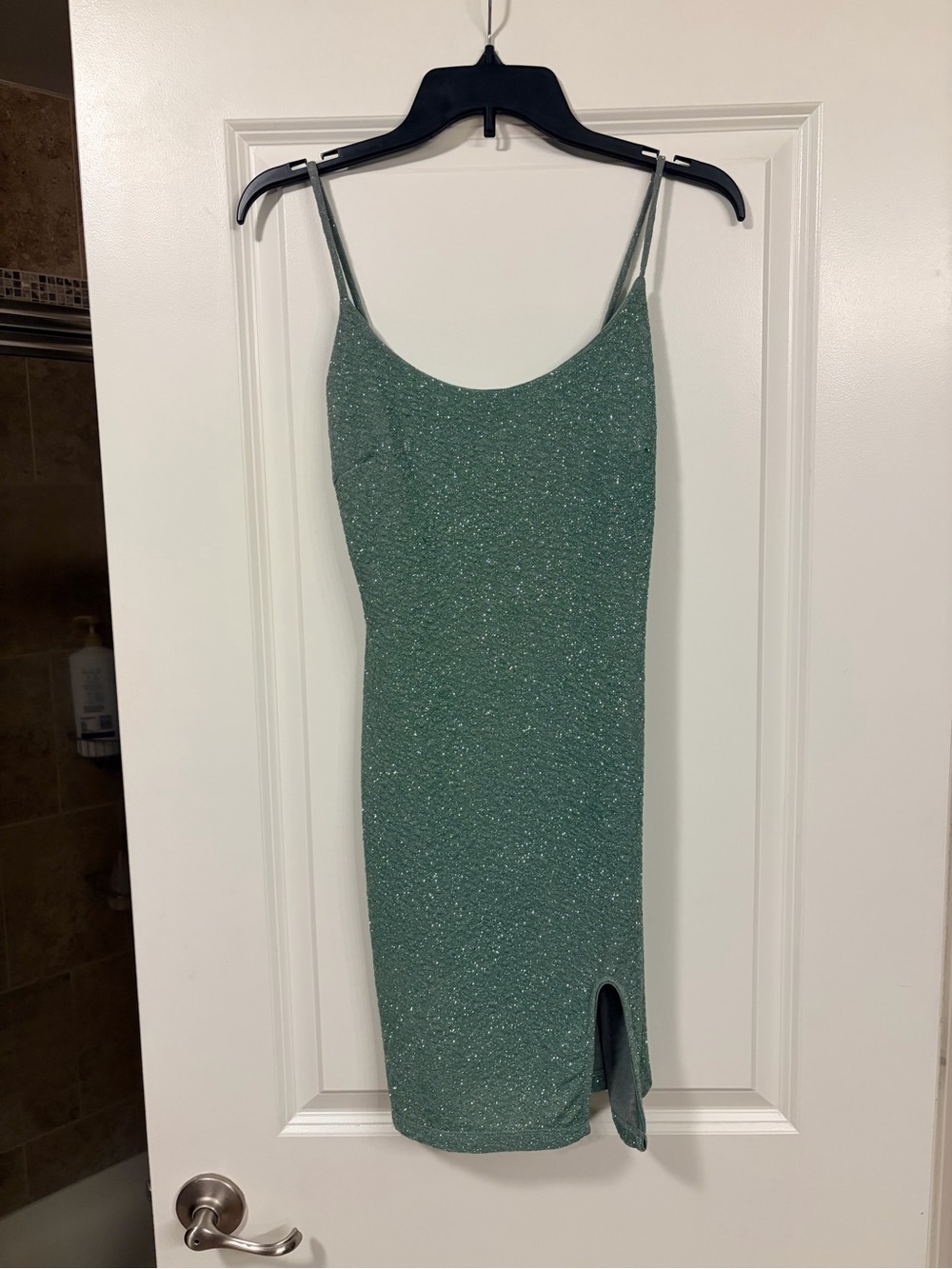 Windsor Bodycon Sparkle Green Slip Dress with Side Slit - Size M